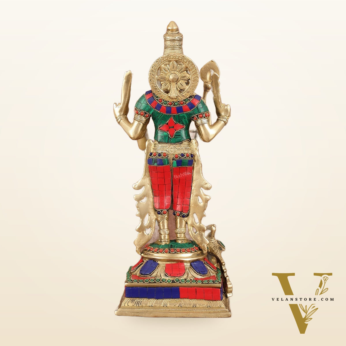 Pure Brass Kartikeya Murugan Swamy Statue with Stonework - 14"