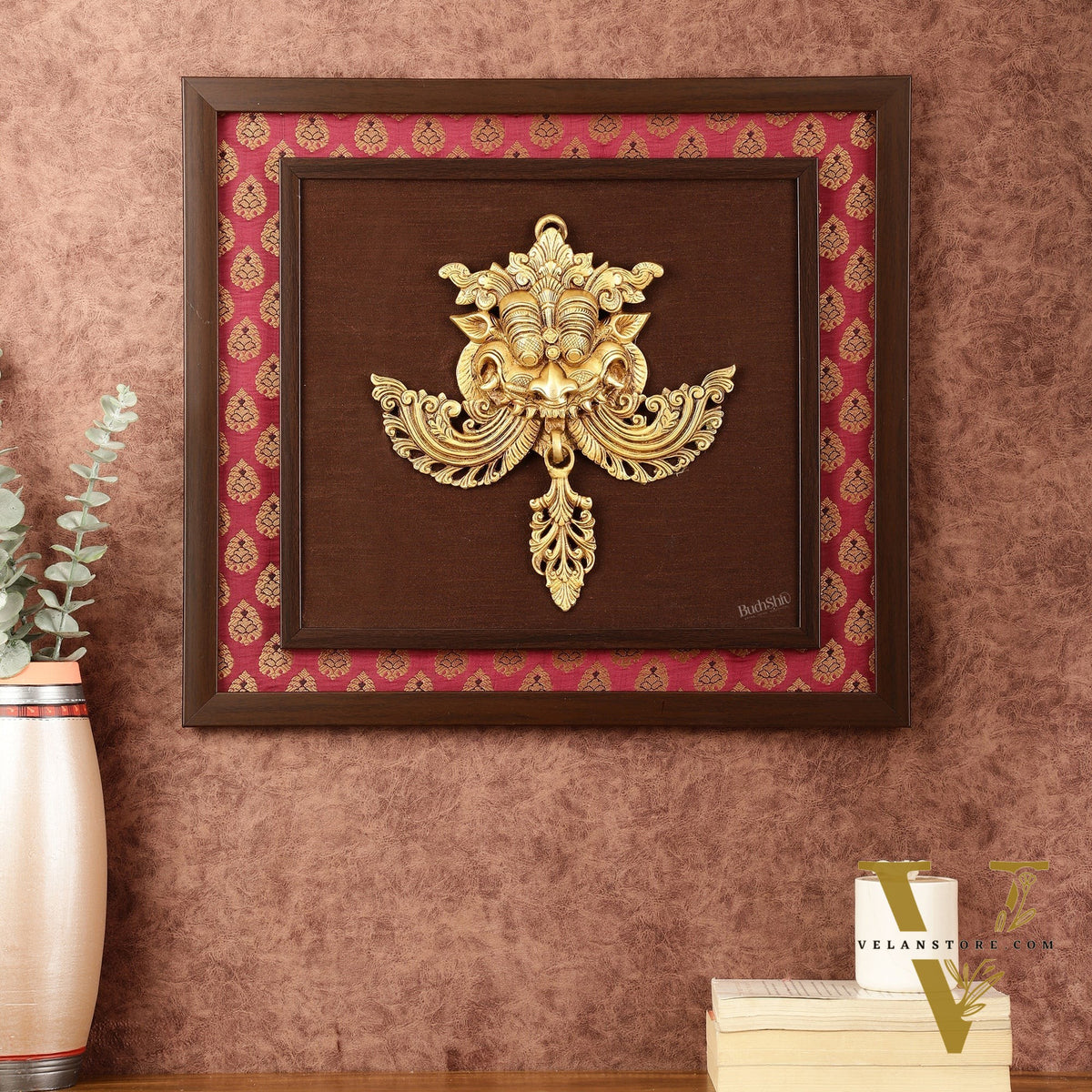 Pure Brass Kirtimukha Yali Face Wall Hanging on Wooden Frame with Premium Fabric - 18" x 20"