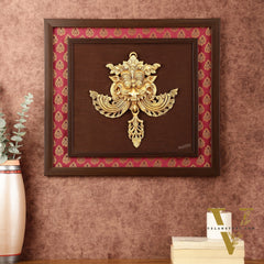 Pure Brass Kirtimukha Yali Face Wall Hanging on Wooden Frame with Premium Fabric - 18" x 20"