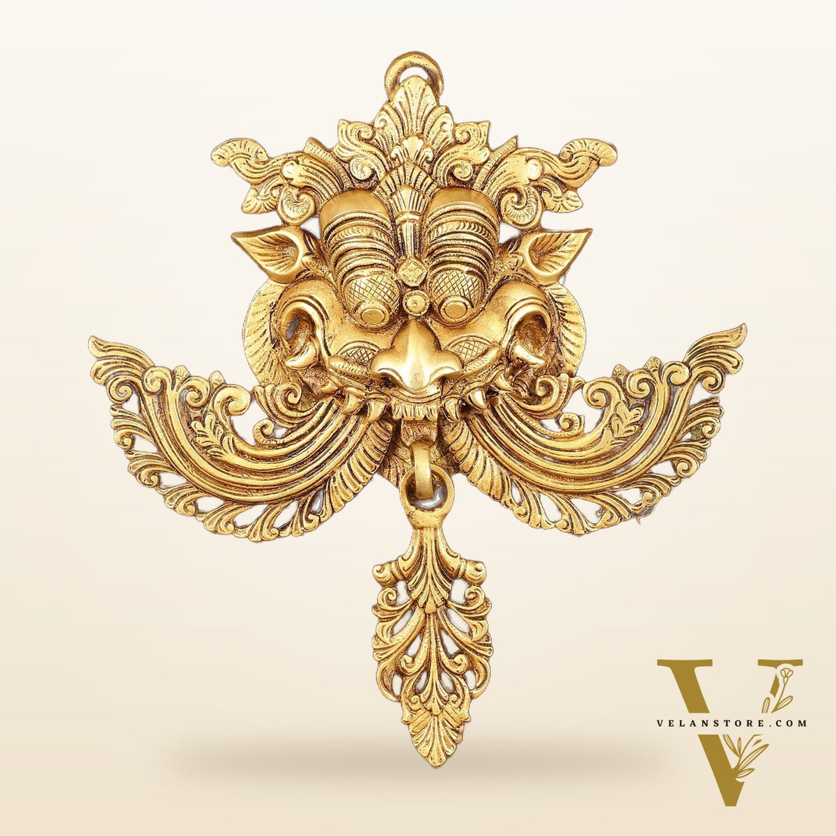 Pure Brass Kirtimukha Yali Face Wall Hanging on Wooden Frame with Premium Fabric - 18" x 20"