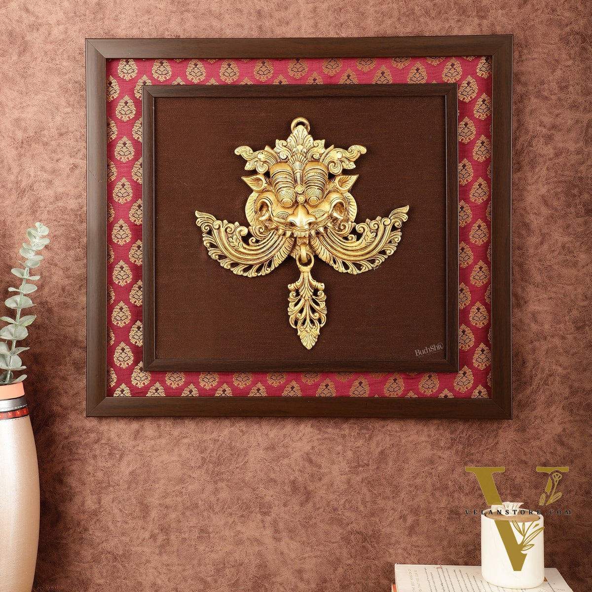 Pure Brass Kirtimukha Yali Face Wall Hanging on Wooden Frame with Premium Fabric - 18" x 20"