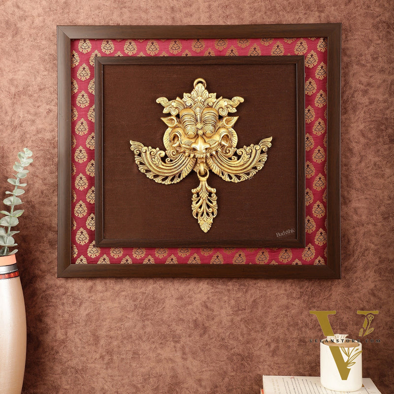 Pure Brass Kirtimukha Yali Face Wall Hanging on Wooden Frame with Premium Fabric - 18" x 20"