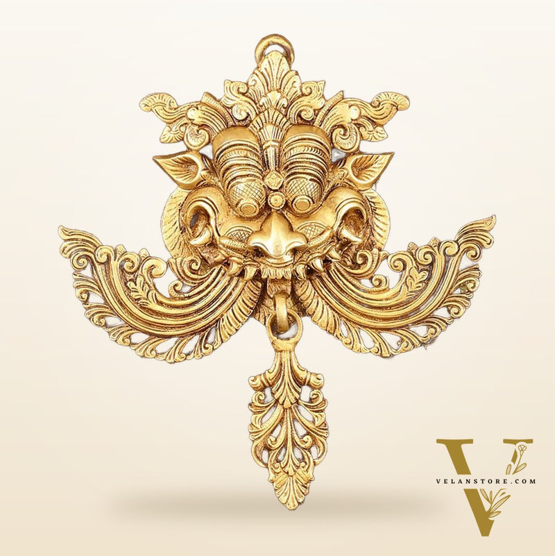 Pure Brass Kirtimukha Yali Face Wall Hanging on Wooden Frame with Premium Fabric - 18" x 20"