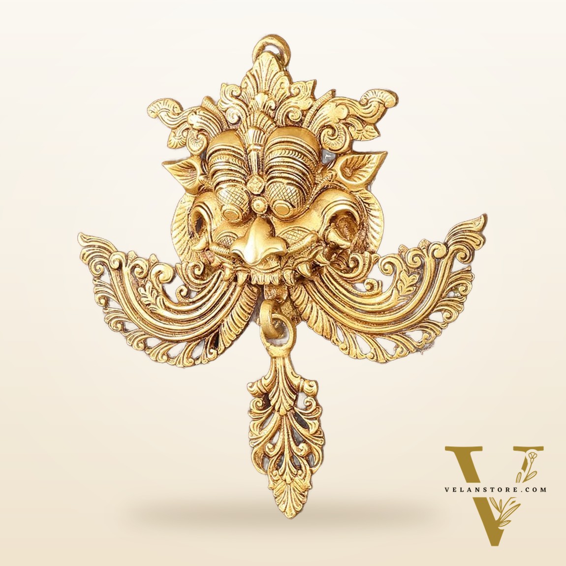 Pure Brass Kirtimukha Yali Face Wall Hanging on Wooden Frame with Premium Fabric - 18" x 20"