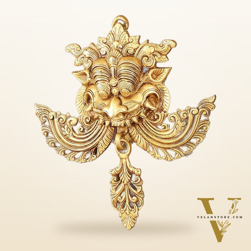 Pure Brass Kirtimukha Yali Face Wall Hanging on Wooden Frame with Premium Fabric - 18" x 20"