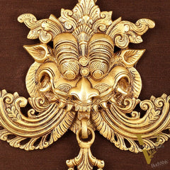 Pure Brass Kirtimukha Yali Face Wall Hanging on Wooden Frame with Premium Fabric - 18" x 20"