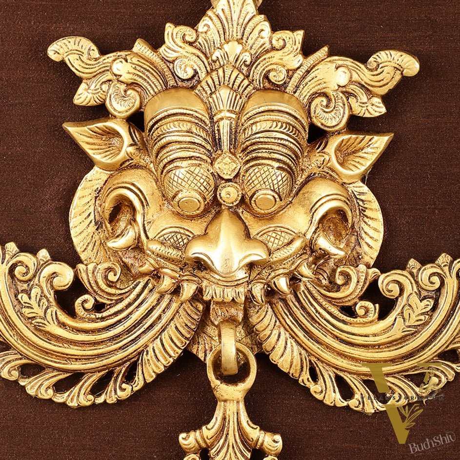 Pure Brass Kirtimukha Yali Face Wall Hanging on Wooden Frame with Premium Fabric - 18" x 20"