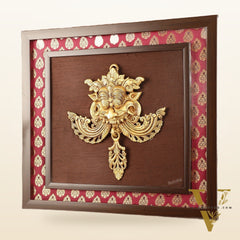 Pure Brass Kirtimukha Yali Face Wall Hanging on Wooden Frame with Premium Fabric - 18" x 20"