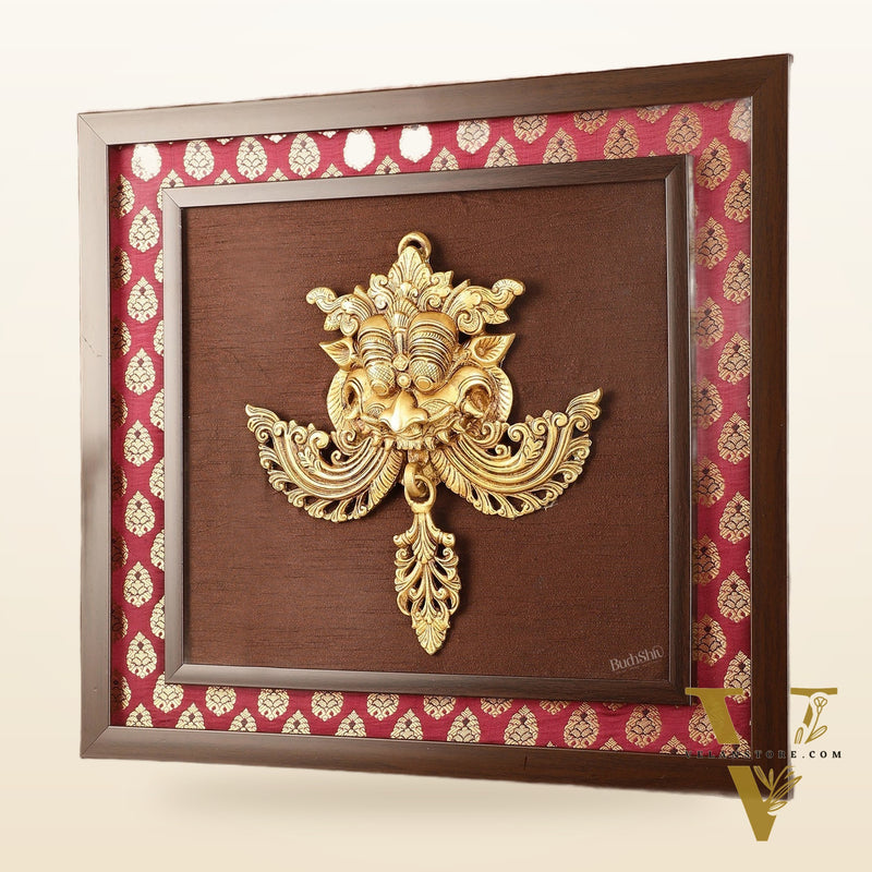 Pure Brass Kirtimukha Yali Face Wall Hanging on Wooden Frame with Premium Fabric - 18" x 20"