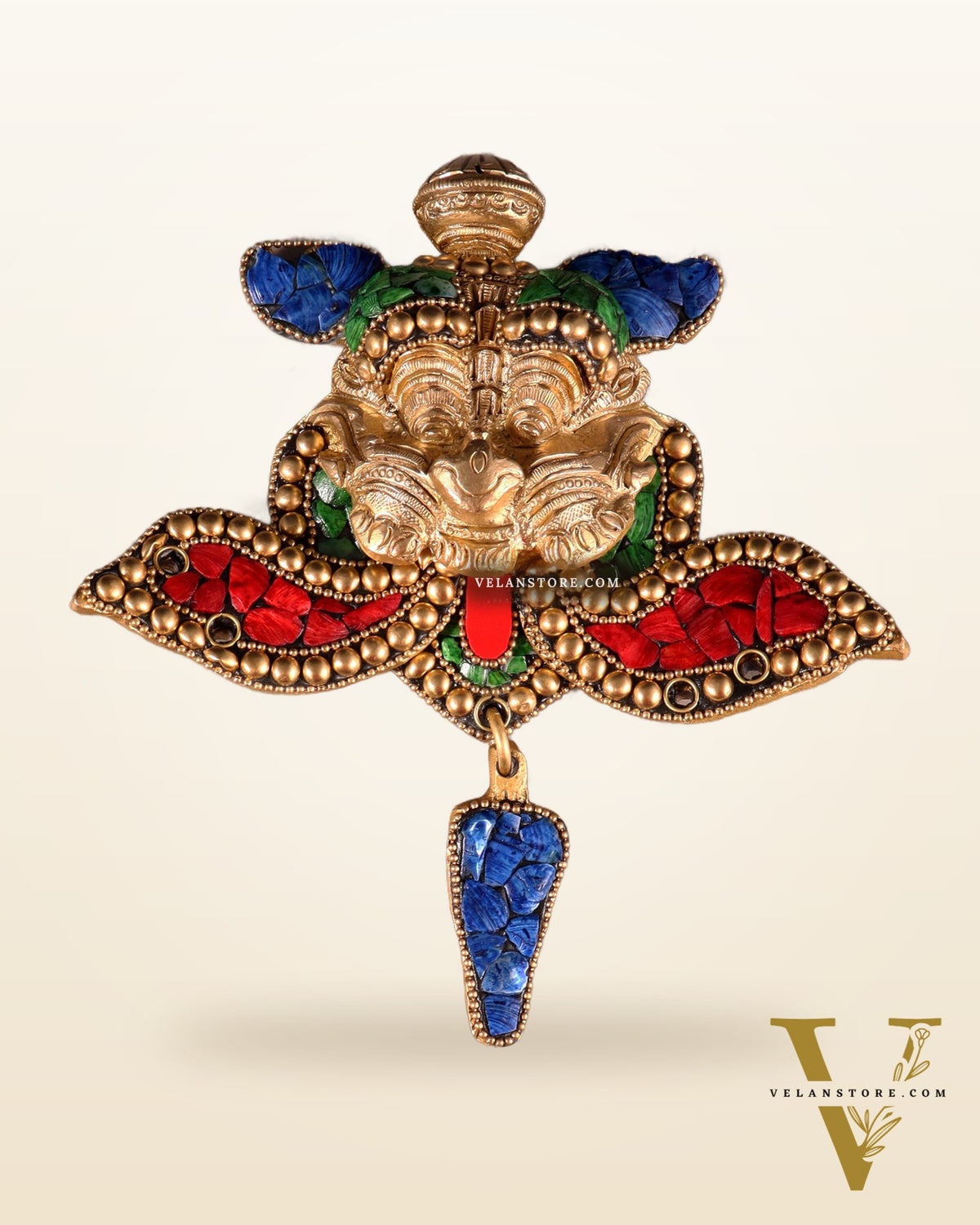 Pure Brass Kirtimukha Yali Wall Hanging - 6" Height, 8" Width meenakari