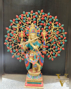 Pure Brass Krishna Charbhuja Statue with Kalpavriksha Tree - Meenakari Stonework - 24 inch