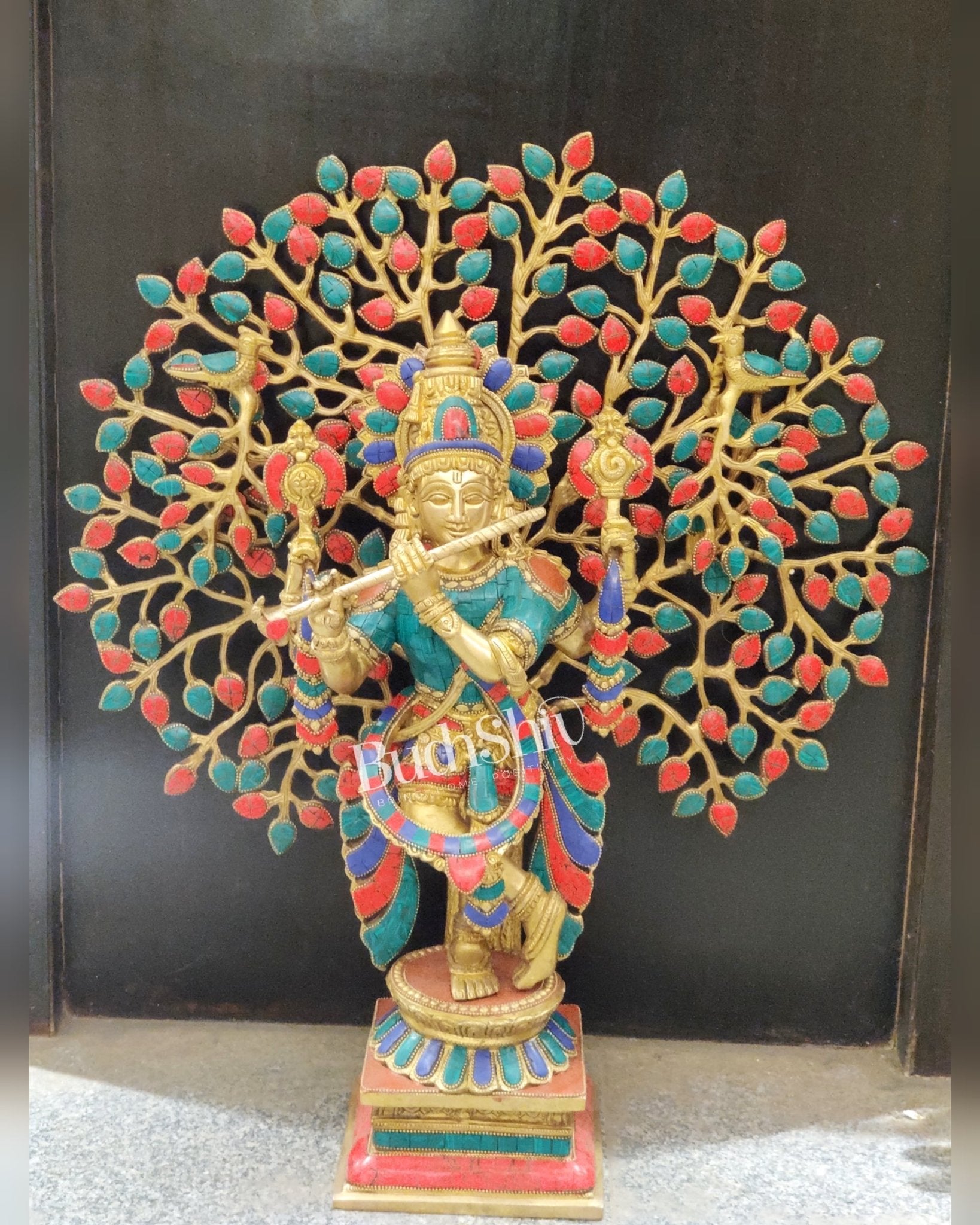 Pure Brass Krishna Charbhuja Statue with Kalpavriksha Tree - Meenakari Stonework - 24 inch