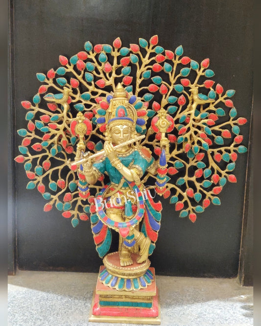 Pure Brass Krishna Charbhuja Statue with Kalpavriksha Tree - Meenakari Stonework - 24 inch