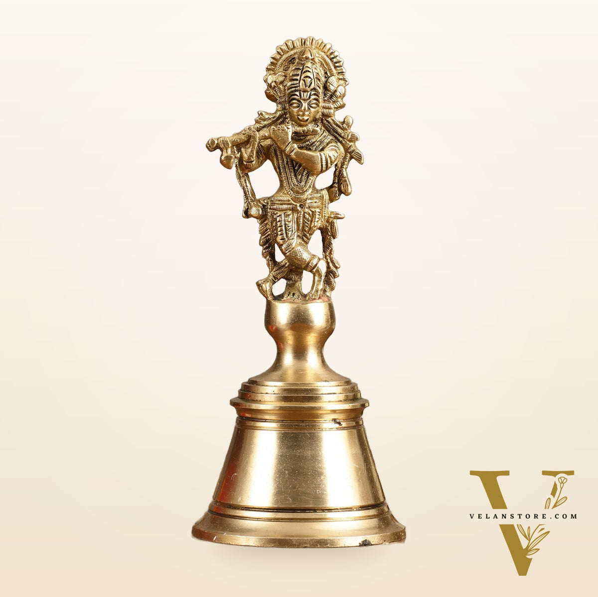 Pure Brass Krishna Handcrafted Hand Bell - 7 in Height