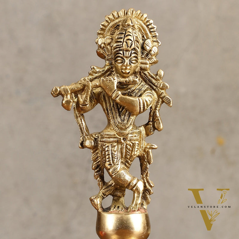Pure Brass Krishna Handcrafted Hand Bell - 7 in Height
