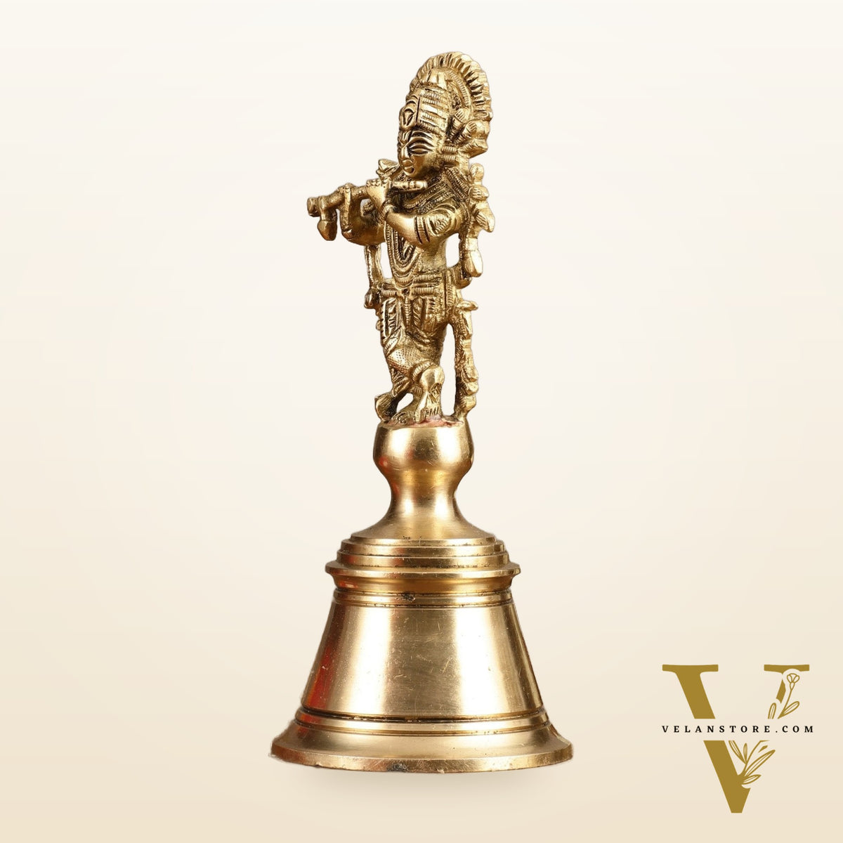 Pure Brass Krishna Handcrafted Hand Bell - 7 in Height