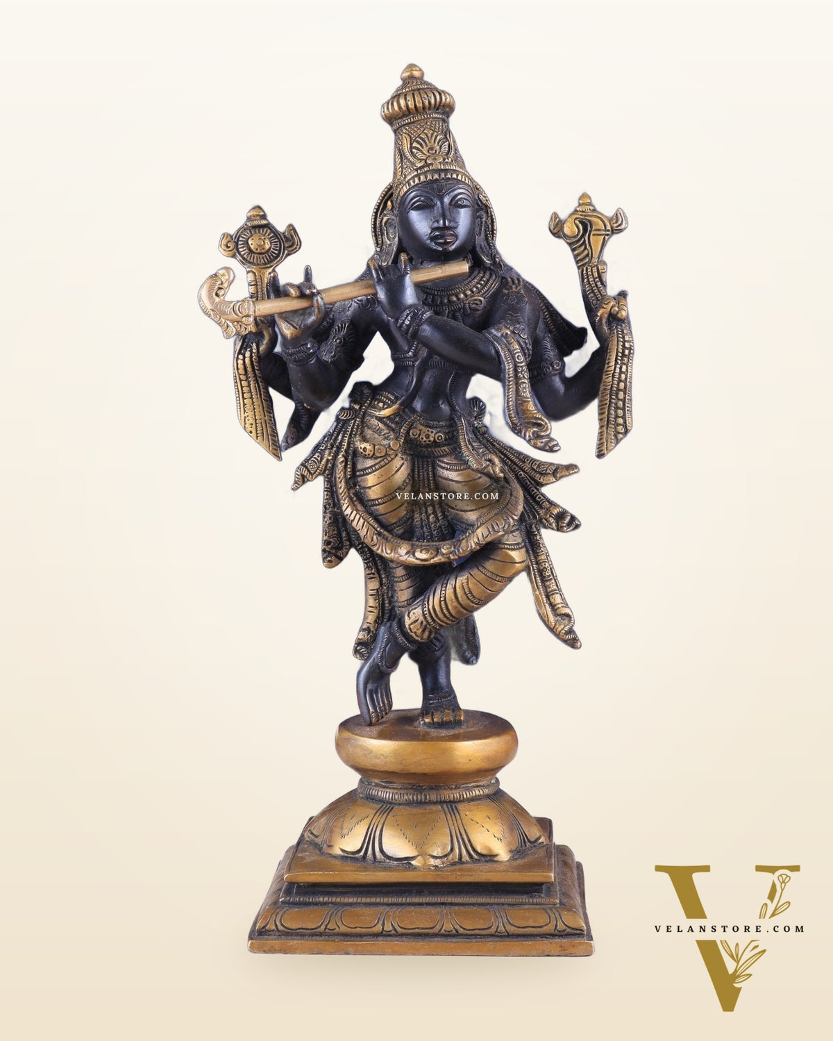 Pure Brass Krishna Roopam Vishnu Sculpture - black and gold Finish | 12"