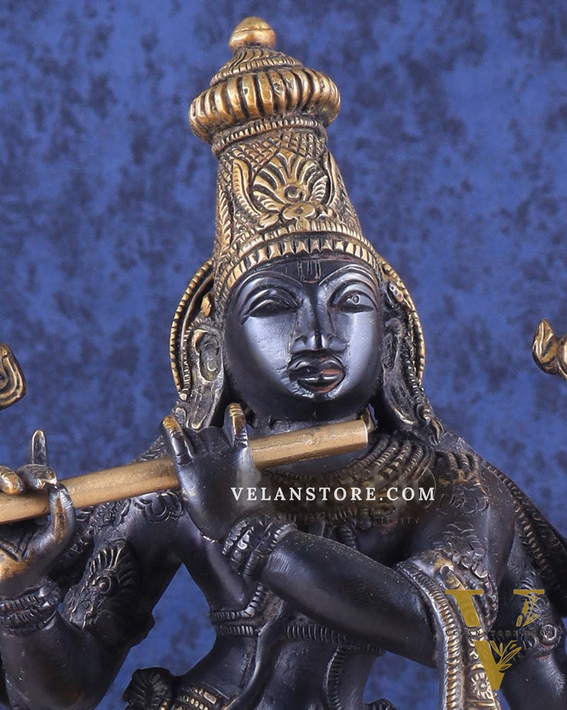 Pure Brass Krishna Roopam Vishnu Sculpture - black and gold Finish | 12"