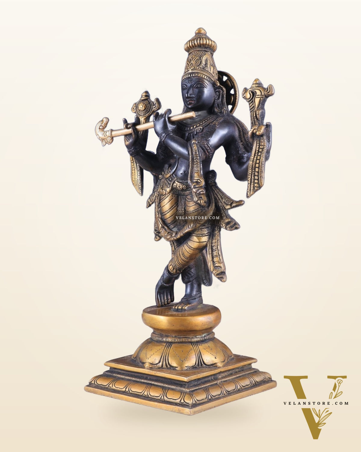 Pure Brass Krishna Roopam Vishnu Sculpture - black and gold Finish | 12"