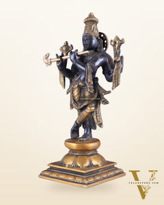 Pure Brass Krishna Roopam Vishnu Sculpture - black and gold Finish | 12"