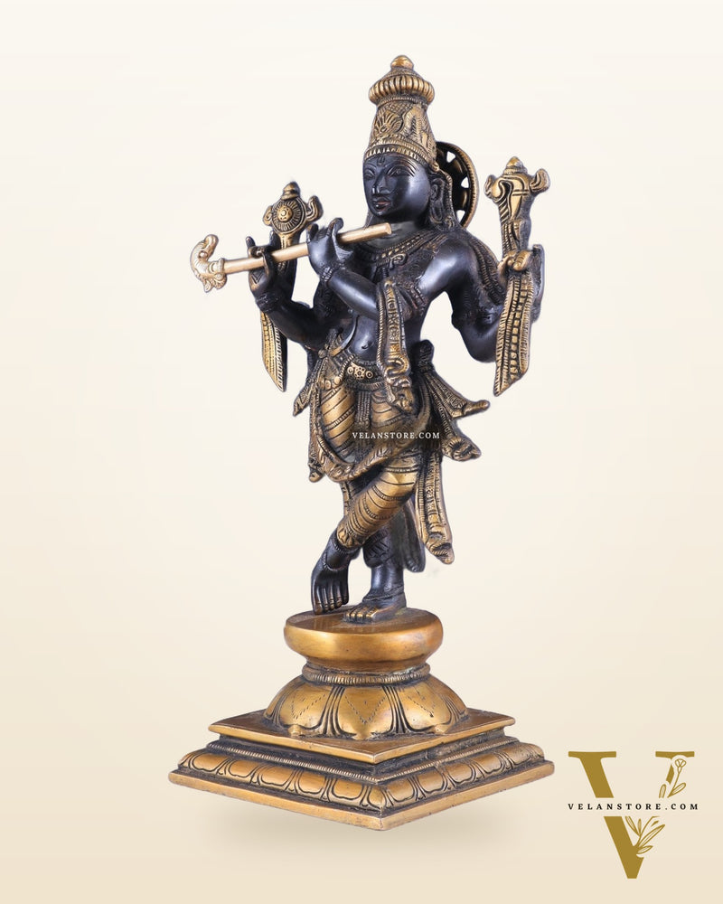 Pure Brass Krishna Roopam Vishnu Sculpture - black and gold Finish | 12"