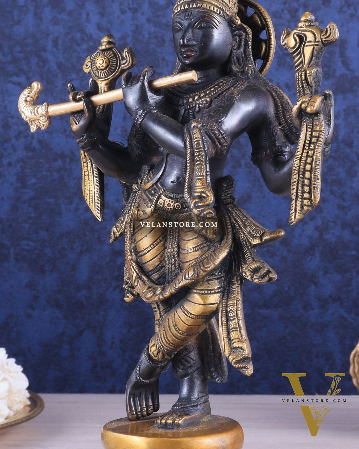 Pure Brass Krishna Roopam Vishnu Sculpture - black and gold Finish | 12"