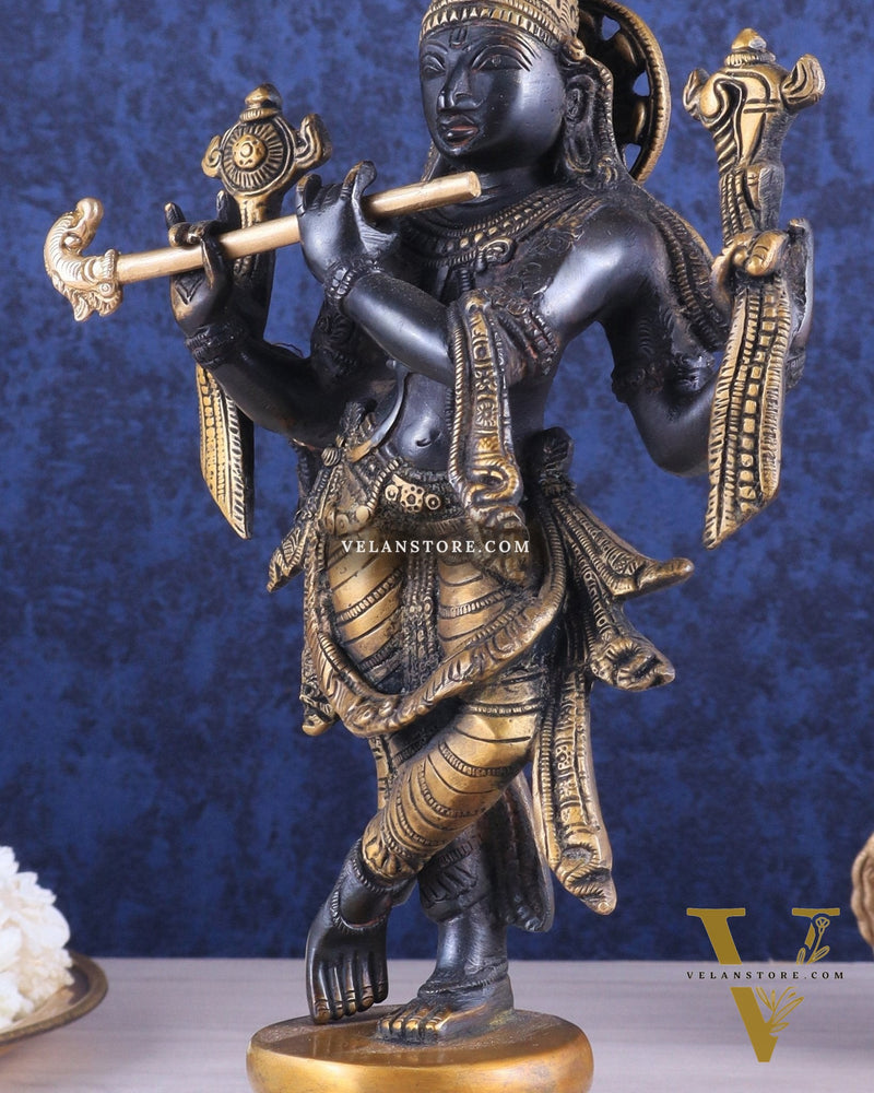 Pure Brass Krishna Roopam Vishnu Sculpture - black and gold Finish | 12"