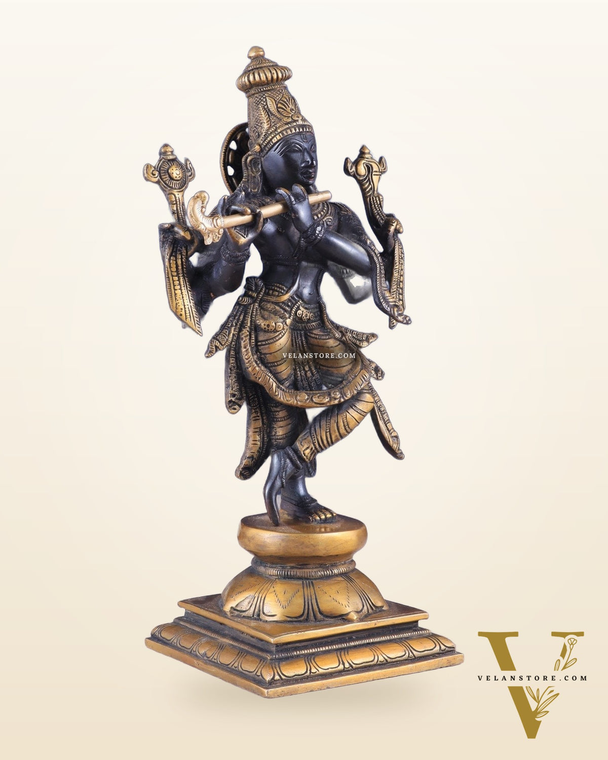Pure Brass Krishna Roopam Vishnu Sculpture - black and gold Finish | 12"