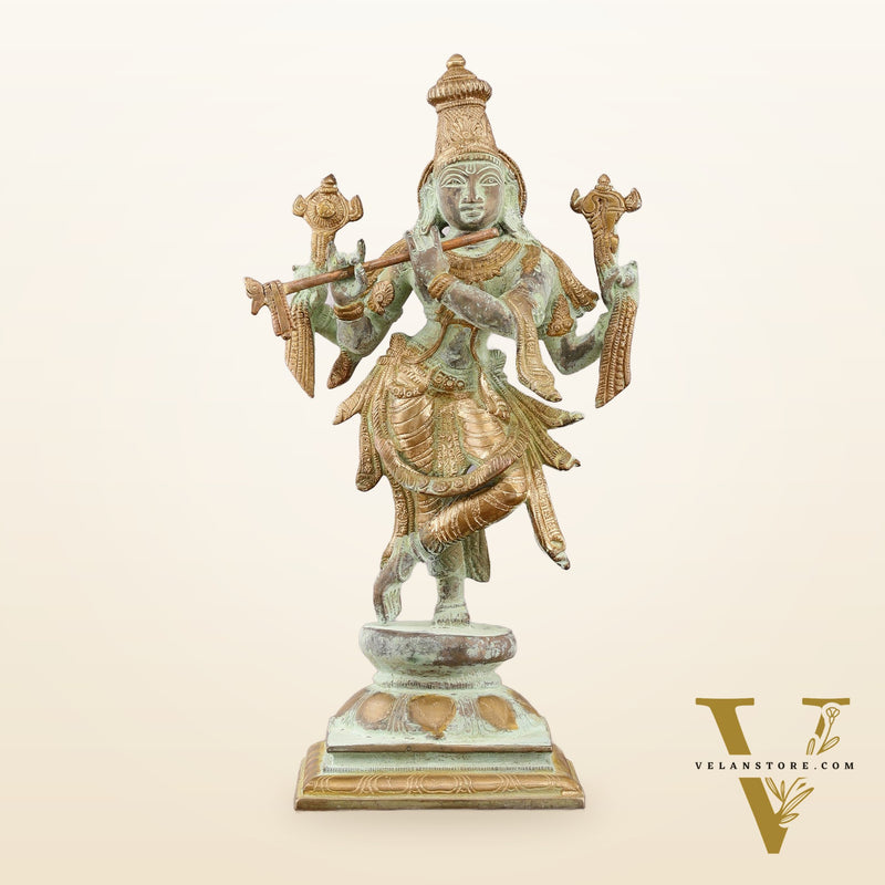 Pure Brass Krishna Roopam Vishnu Sculpture - Sand Blast Finish | 12"
