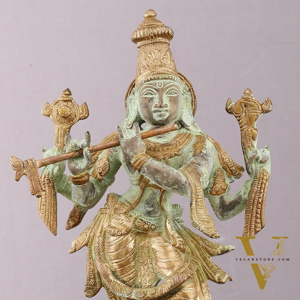 Pure Brass Krishna Roopam Vishnu Sculpture - Sand Blast Finish | 12"