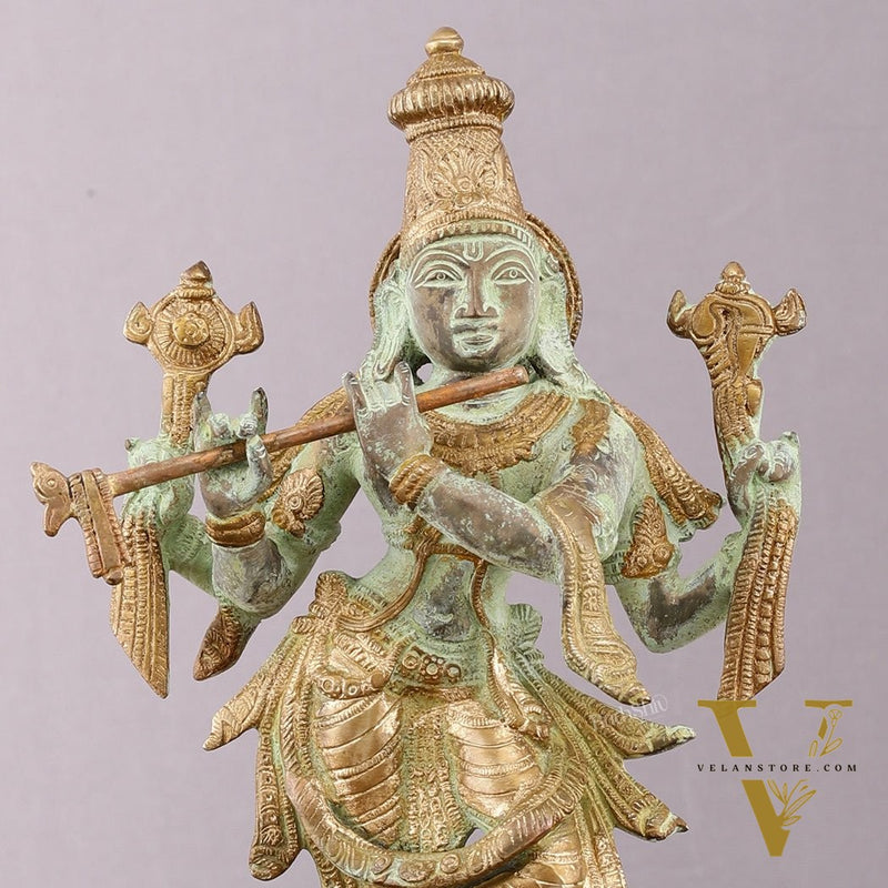 Pure Brass Krishna Roopam Vishnu Sculpture - Sand Blast Finish | 12"