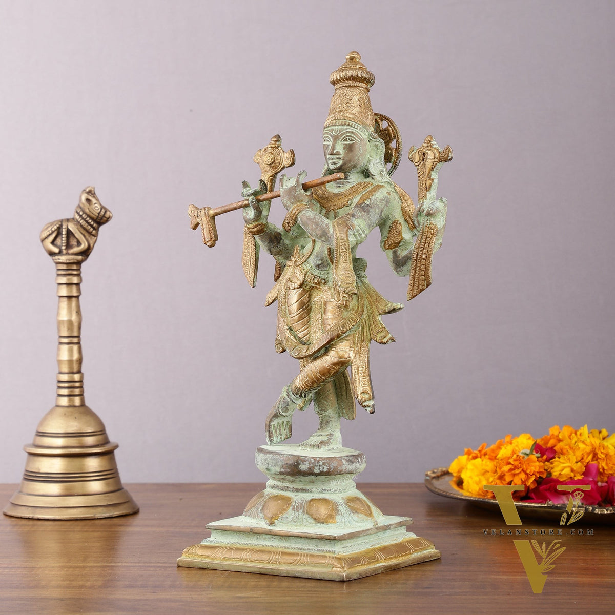 Pure Brass Krishna Roopam Vishnu Sculpture - Sand Blast Finish | 12"