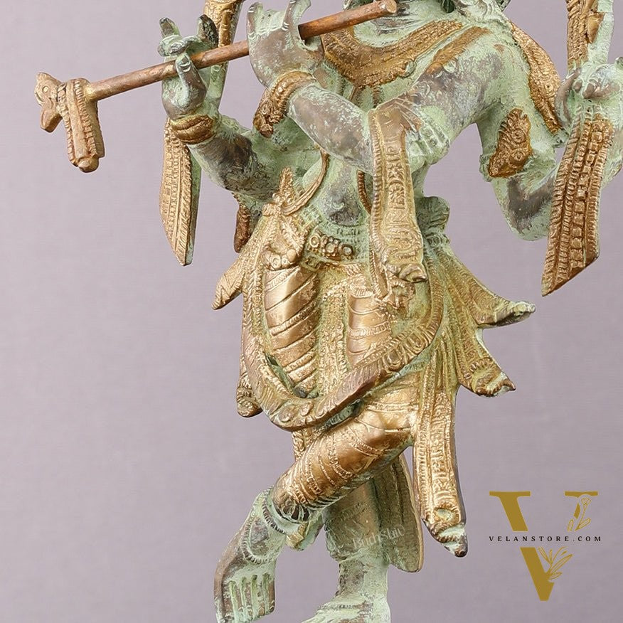 Pure Brass Krishna Roopam Vishnu Sculpture - Sand Blast Finish | 12"