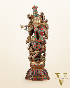 Pure Brass Krishna Statue with floral Stonework, 21" Height
