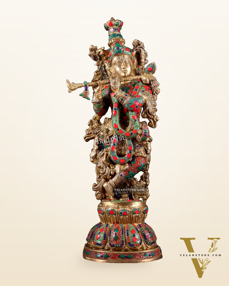 Pure Brass Krishna Statue with floral Stonework, 21" Height