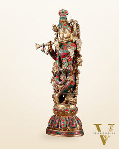Pure Brass Krishna Statue with floral Stonework, 21" Height