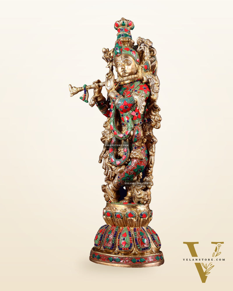 Pure Brass Krishna Statue with floral Stonework, 21" Height