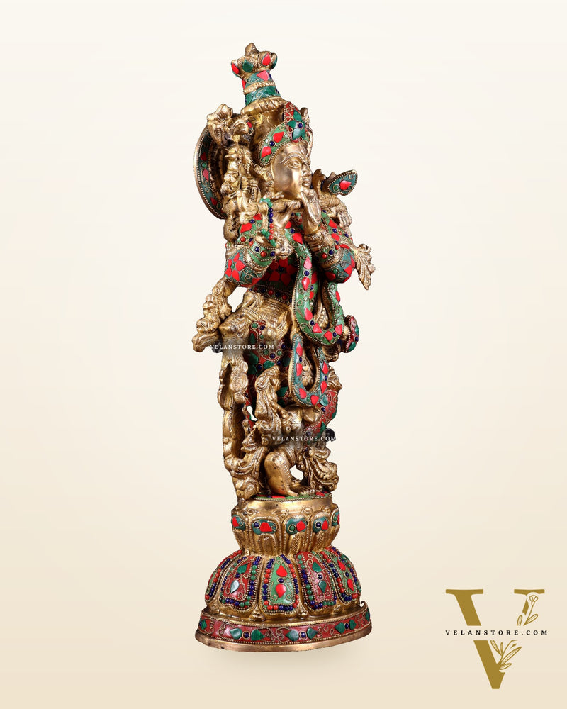 Pure Brass Krishna Statue with floral Stonework, 21" Height