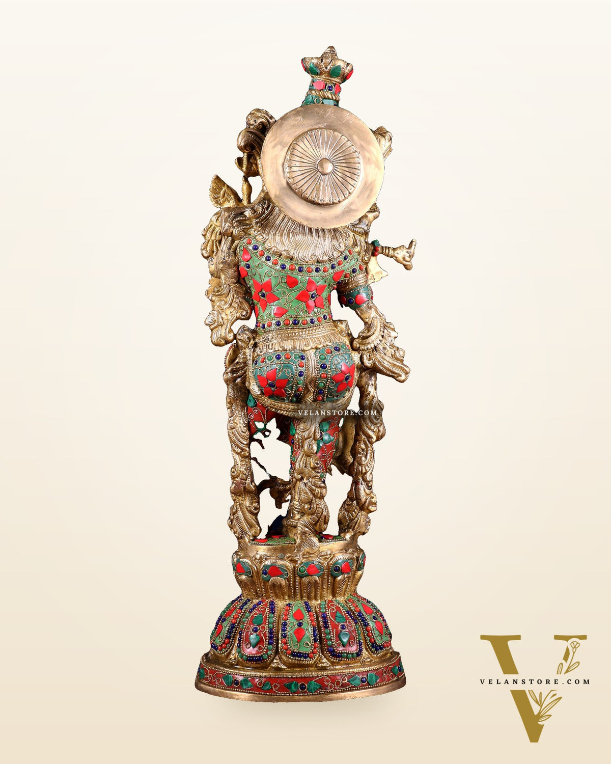 Pure Brass Krishna Statue with floral Stonework, 21" Height