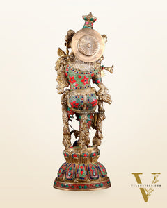 Pure Brass Krishna Statue with floral Stonework, 21" Height