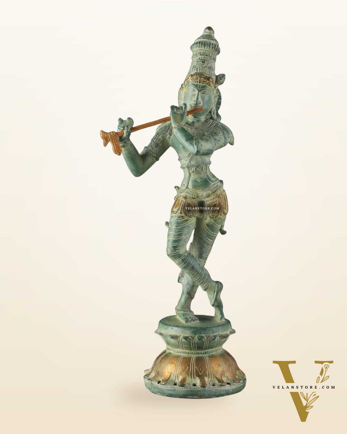 Pure Brass Krishna Statue with Green Stone Finish – Divine Lord Krishna Idol (15 Inches)