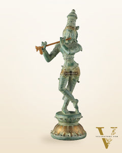 Pure Brass Krishna Statue with Green Stone Finish – Divine Lord Krishna Idol (15 Inches)