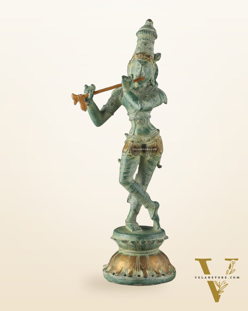 Pure Brass Krishna Statue with Green Stone Finish – Divine Lord Krishna Idol (15 Inches)
