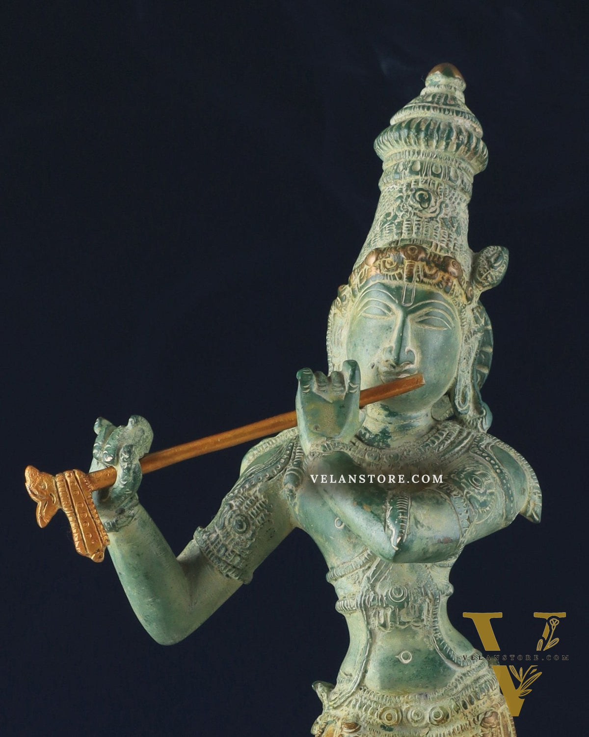 Pure Brass Krishna Statue with Green Stone Finish – Divine Lord Krishna Idol (15 Inches)