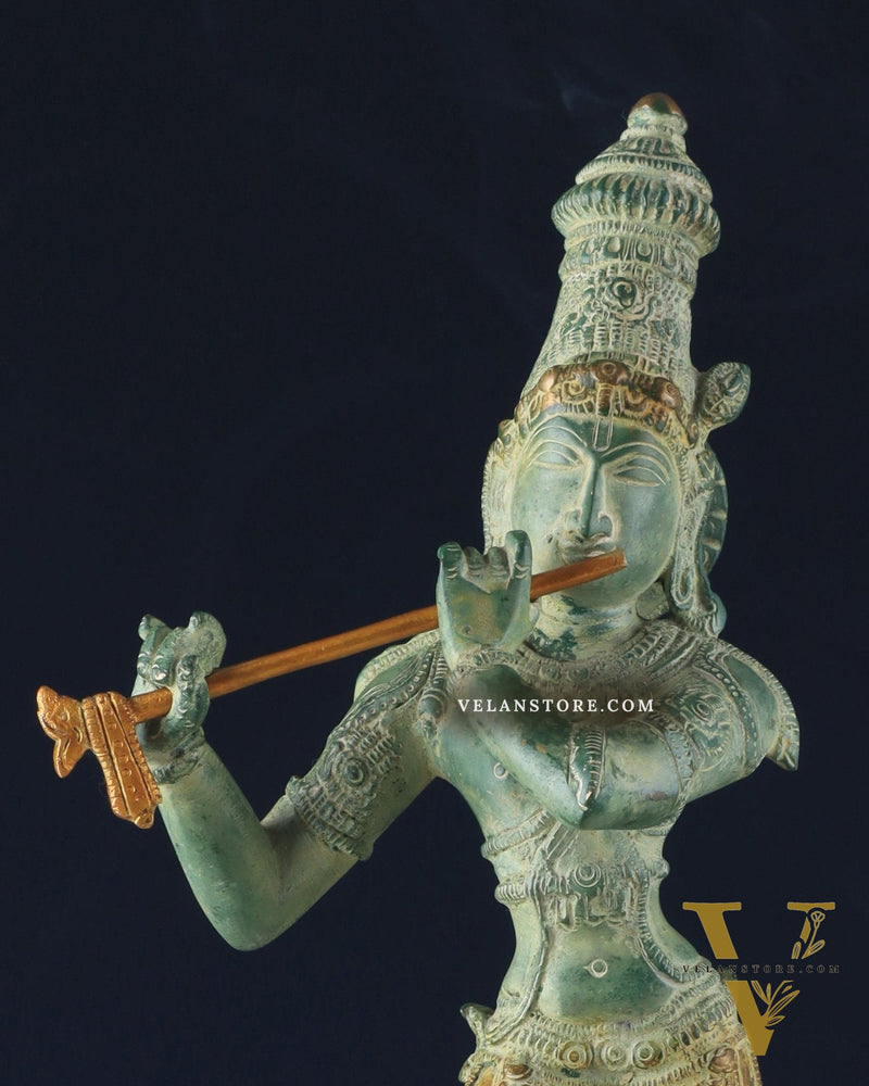 Pure Brass Krishna Statue with Green Stone Finish – Divine Lord Krishna Idol (15 Inches)