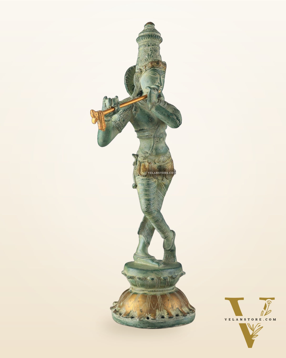 Pure Brass Krishna Statue with Green Stone Finish – Divine Lord Krishna Idol (15 Inches)