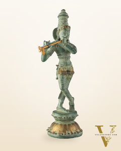 Pure Brass Krishna Statue with Green Stone Finish – Divine Lord Krishna Idol (15 Inches)