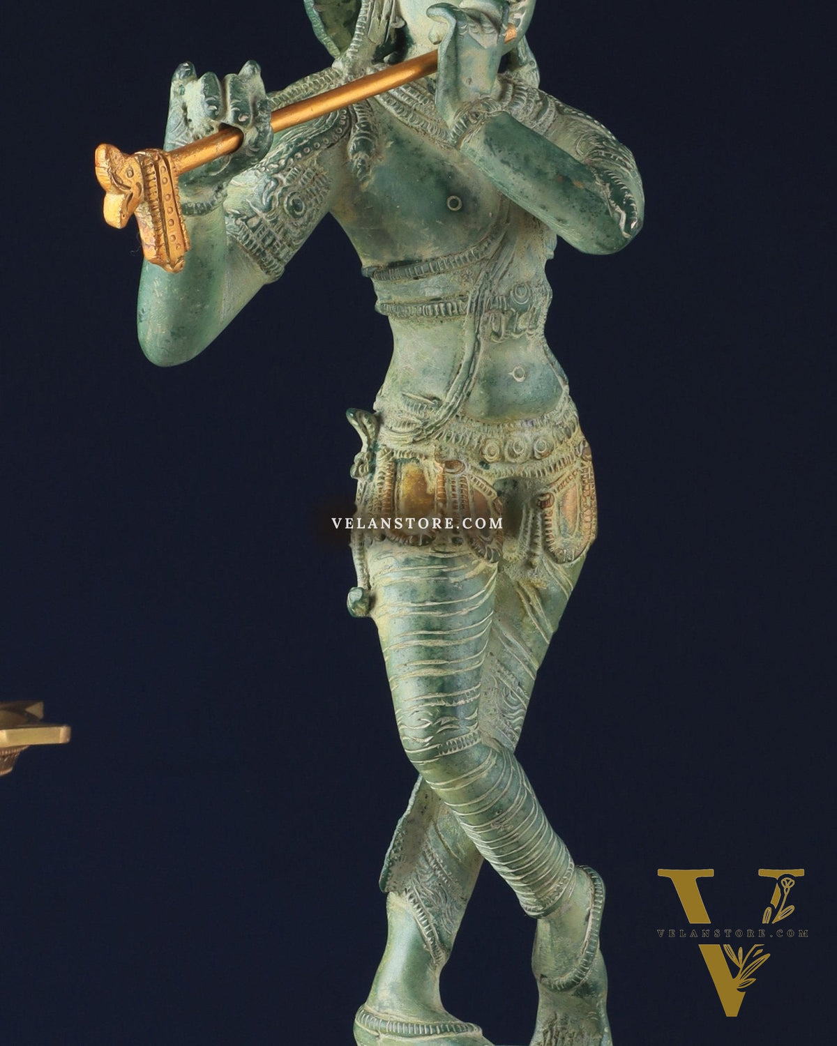 Pure Brass Krishna Statue with Green Stone Finish – Divine Lord Krishna Idol (15 Inches)