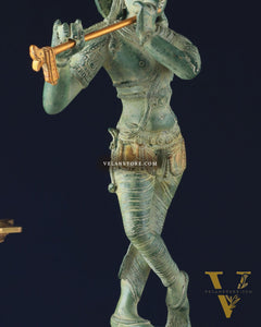 Pure Brass Krishna Statue with Green Stone Finish – Divine Lord Krishna Idol (15 Inches)