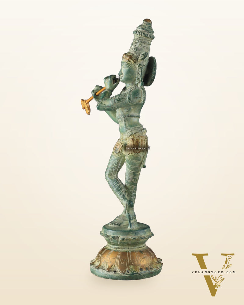 Pure Brass Krishna Statue with Green Stone Finish – Divine Lord Krishna Idol (15 Inches)